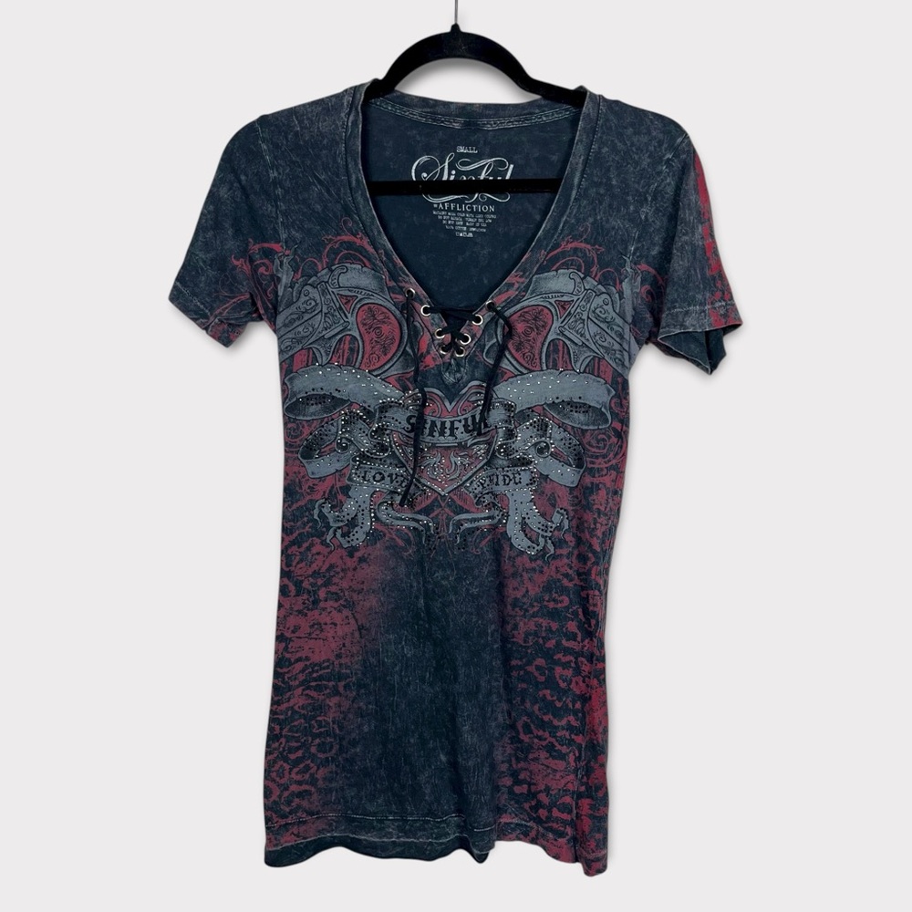 Affliction Sinful Lace Up Tshirt Small Rhinestone Y2k Grunge Whimsigoth Goth